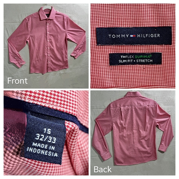 Tommy Hilfiger Men Red White MicroCheck 15 32/33 Long Sleeve Button Front Shirt - Picture 2 of 7